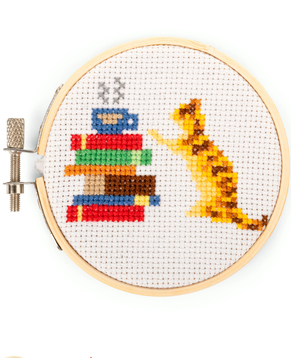 Cat and Books Mini Cross Stitch Embroidery