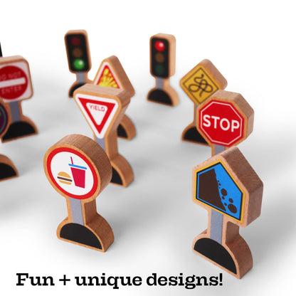 15 Pieces - Wooden Traffic Signs - Zany Trains
