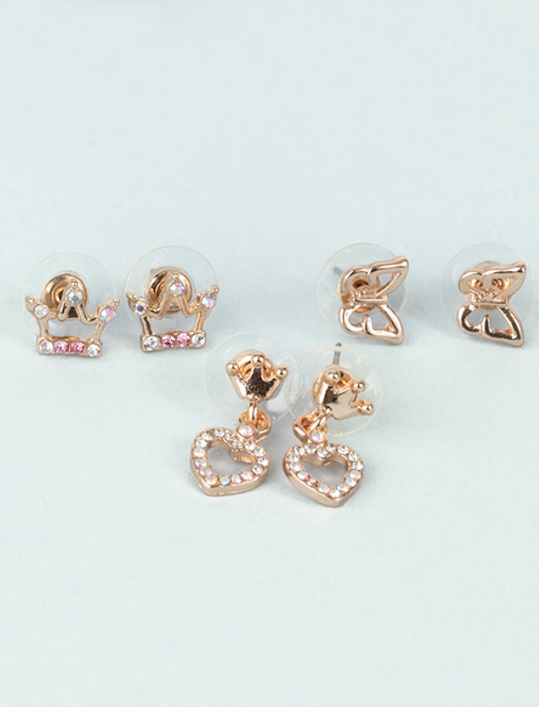 Boutique Royal Crown Studded Earrings, 3 Pr