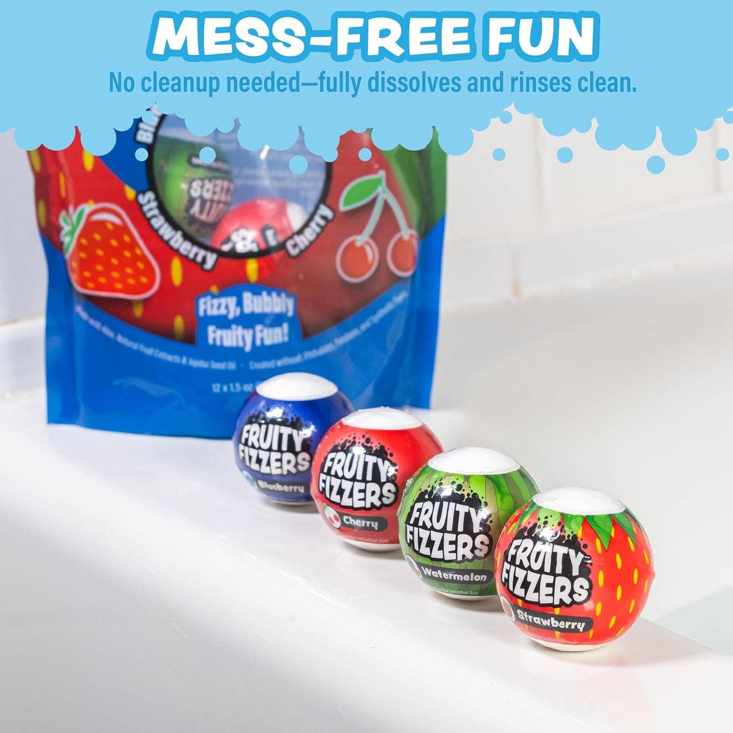 Tub Works® Fruity Fizzers™ Bubbling Bath Bombs for Kids, Variety 12 Pack | Dye-Free & Naturally-Derived