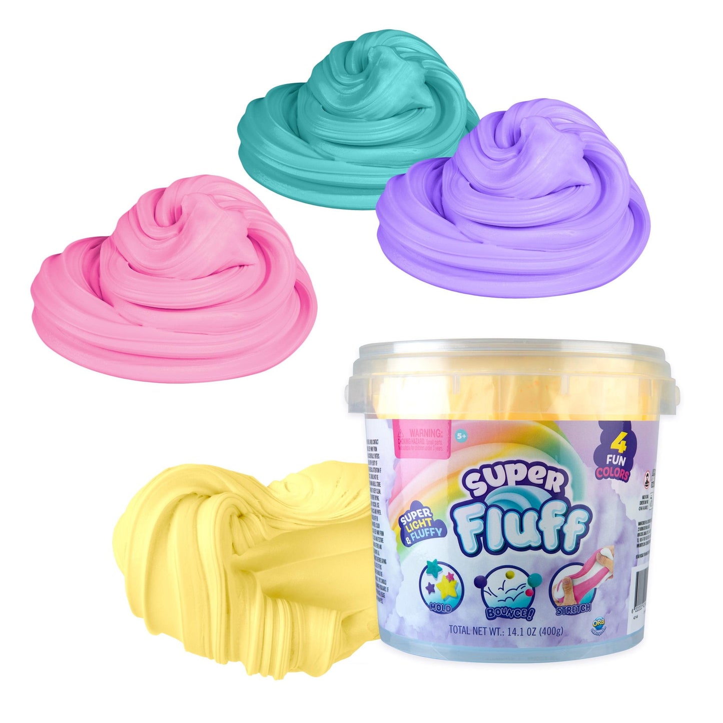ORB Super Fluff Slimi 4 Pack Bucket Color Set 1 - Yellow  Purple  Pink  Teal