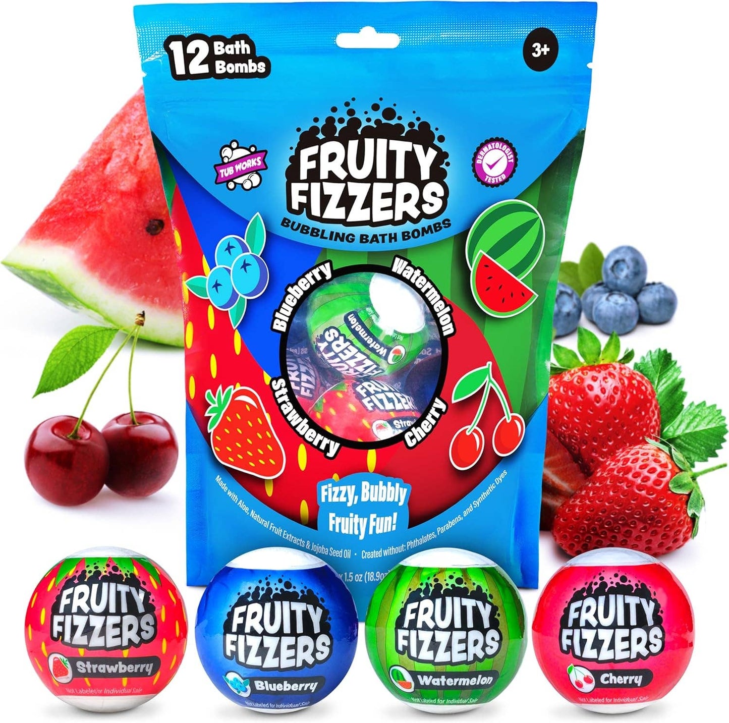 Tub Works® Fruity Fizzers™ Bubbling Bath Bombs for Kids, Variety 12 Pack | Dye-Free & Naturally-Derived